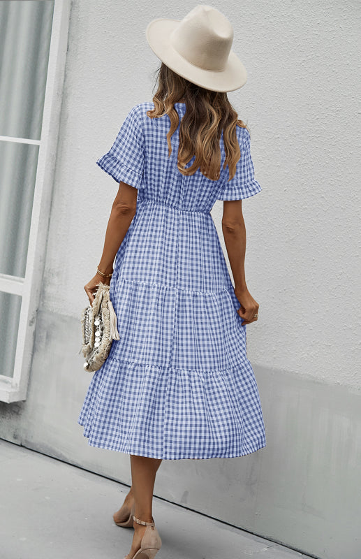 Women's spring and summer sexy big swing skirt plaid temperament dress