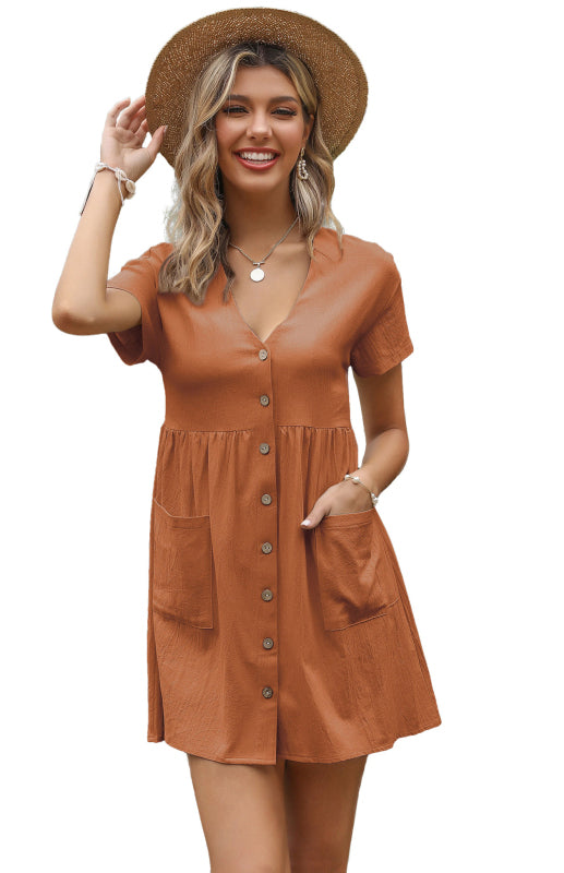 Women's Loose Shirt Dress V-Neck Short Sleeve Pleated Cotton Linen Dress