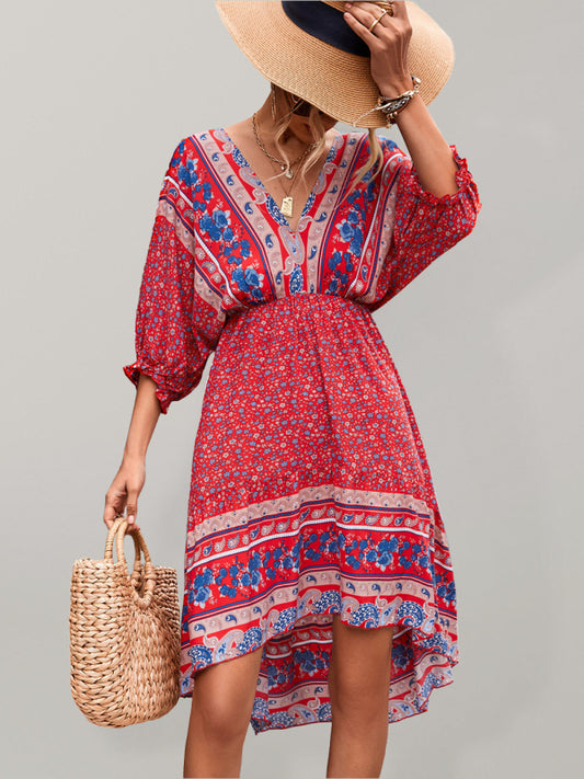 Women's Woven V-Neck Open Back Bohemian Dress